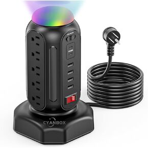 Surge Protector Power Strip Tower with Night Light Charging Tower with 15 AC 6 USB (2 USB C) 6.5 Ft Extension Cord CYAN BOX Power Tower Desktop Charging Station,Home Desk Accessories