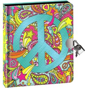 Peaceable Kingdom Paisley Peace Sign Foil Cover 6.25" Lock and Key Diary with Black Pages and Silver Pen