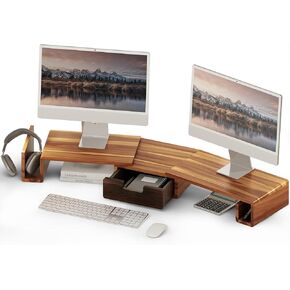 Bluewest Acacia Wooden Dual Monitor Stand Reser مع الدرج ، و 40.4 '' شاشة مريحة للمكتب مع طول قابل للتعديل وزاوية دوارة ، ومنظم سطح المكتب الخشبي للكمبيوتر المحمول ، والكمبيوتر ، والكمبيوتر ، والطابعة ، والطابعة