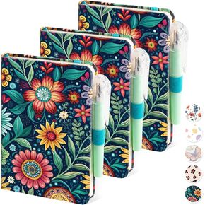 (3 Pack) Aesthetic Small Journal Notebook, A6 (3.7" x 5.7") Mini Pocket Notebook with Pen, 100GSM Lined Paper, Cute Small Journal for Kids/Girls/Women, Colorful Bubbles Butterfly Floral