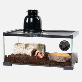 REPTI ZOO Nano Glass Reptile Starter Kit with Heat Lamp,Thermometer and Hygrometer Gauge, Feeding Bowl,Hide Cave,and Liner Substrate for Small Reptiles, 12" X 8" X 6" Reptile Tank Kit