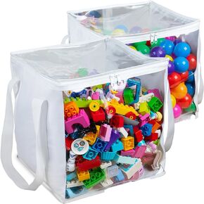 Extra Large Toy Storage Clear Bags with Zipper, 2 Pieces - Measures 𝟏𝟒"×𝟏𝟒"×𝟏𝟒" Clear Plastic Bins with Handle, Toy Organizer for Kids playroom, Blocks, Clothes, Stuffed Animal Storage