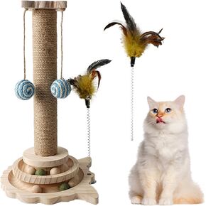 Cat Scratching Post ، 4 في 1 لعبة خدش Cat خشبية ، 18 بوصة من الخدش الطويل مع كرات مسار القط 2 ، ولعب ريشة القط 2 و 2 SISAL معلقة للقطط الداخلية والقطط البالغة