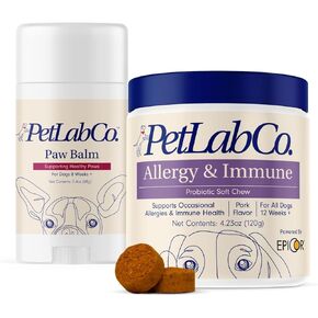 Petlab Co. - PAW BUNDLE: Probiotic الكلاب المتخصصة لدعمها مع الحساسية العرضية والميكروبيوم الأمعاء الصحية 30 COUNT & DOG PAW BALM لدعم الكفوف الجافة من حين لآخر 2.4 أوقية