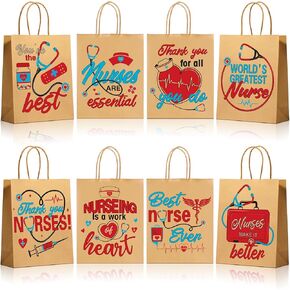 24pcs Nurses Week Gift Bulk Bags, Thank You Nurse Craft Paper Gift Bags, Best Nurse Ever Brown Goodies Bags With 8 Patterns for Nurses Week Nursing Day Medical RN Graduation Party Supplies 9 x 7 x 3