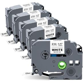 5 عبوة Tze TZ TAP 12MM 0.47 أبيض مغلفة استبدال لشركة Brother Label Maker Tze-231 ، P Touch Label Tape متوافق مع صانع الملصقات Brother PTD220 PTD210 PTH110 PTP710 PT-610BT PTD400