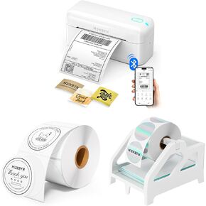 MUNBYN RW402B Bluetooth Thermal Label Printer+2 Inch Circle Thermal Sticker Labels+White Label Holder