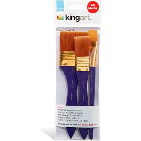 KINGART 225-3B Large Flat 3 Pc. Brush Set for Art, Craft & Hobby, 3/4", 1" & 2" Flat Wash Paintbrushes, Brown Nylon Hair, Short Handle, Use with Oil, Acrylic & Water-Based Paint