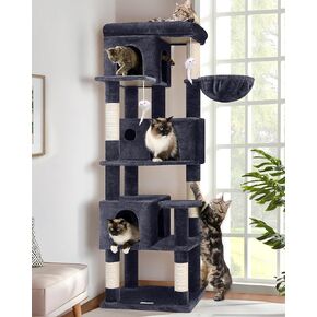 F66 Corner Cat Tree 66 بوصة برج التسلق متعدد المستويات Kitty Cats Cat Tower لقطط متعددة داخلية مع منصة كبيرة ، 3 كهوف القط ، رمادي داكن