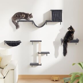 Wall Mount Cat Shelves with Big Hammock for Large Adults, 5-in-1 Wall Cat Furniture Set with Sisal Scratch Tree for Indoor Active Pet Kitten, Drak Gray