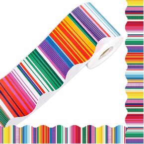 65.6 Ft Mexican Fiesta Bulletin Board Border Colorful Striped Scalloped Die Cut Trim Cinco De Mayo Border Sticker Roll for Back to School Home Classroom Party Wall Decoration (Thin Stripe)