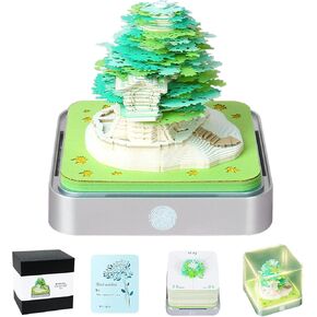 3D Memo Pad Time Piece Calendar 2025,3D Calendar Memo Pad DIY Notes Notepad Paper Carving Art Green Tree House,2025 Desk Calendar With LED Lights
