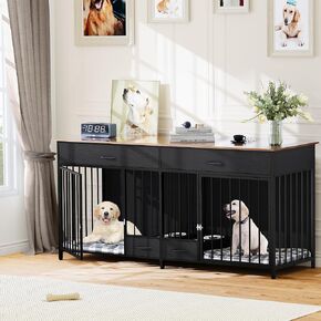YITAHOME Double Dog Crate Furniture with Dog Feeder, 74.8" Wooden Dog Kennel Furniture with 2 Large Drawers, Indoor Furniture Style Dog Kennel for Medium Large Dogs, Black