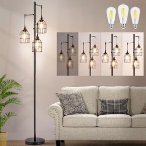 70" Dimmable Floor Lamp for Living Room, Industrial 3-Light Tree Floor Lamp Black with Cages, Farmhouse Rustic Tall Standing Lamp Floor Lighting for Bedroom Office, LED Edison Bulbs