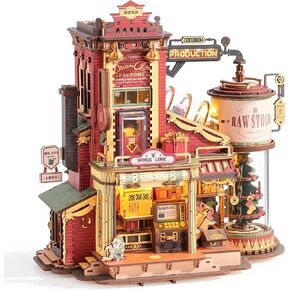 ROKR 3D Puzzle for Adults Christmas Style Dream Gift Factory Wooden Model Kit Luminous Factory DIY Dollhouse Kit Building with Music, Lights and 5 Elves for Teens & Kids