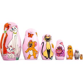 AEVVV Famouse Cats شخصيات من الرسوم الكاريكاتورية - دمى التعشيش الروسية حددت 7 أجهزة كمبيوتر - Wooden Matryoshka
