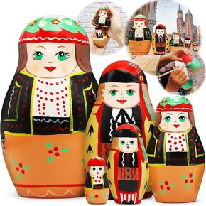 مجموعة دمى التعشيش البولندية AEVVV - 5 أجهزة مركبة يدويًا دمى Matryoshka الخشبية في الأزياء الشعبية البولندية مع زخارف Krakow