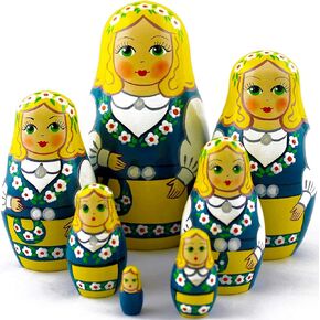 مجموعة الأزياء الوطنية في Matreshka Dolls مجموعة 7 أجهزة كمبيوتر - Wooden Matryoshka في ثوب شعبي العرق الشمال - دمى التعشيش الروسية تراهن على الأطفال 7 قطع