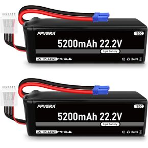 FPVERA 6S 5200MAH LIPO بطارية 22.2V 120C مع بطارية موصل EC5 RC لـ RC CAR Truck Airplane Helicopter Quadcopter Boat Drone (حزمان)