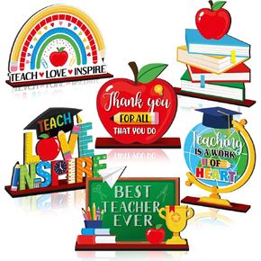 Wenqik 6 Pcs Teacher Appreciation Gifts Wood Table Centerpieces Thank You Best Teacher Ever Wooden Sign Tabletop Decorations for Home Kitchen School Classroom Desk Shelves Tiered Tray Decor
