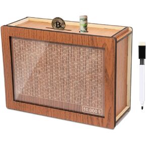10000 Savings Challenge Box 10 000 Cash Vault Savings Wooden Savings Fox للأطفال والبالغين ، مربع تحدٍ للتوفير 10K قابل للمسح مع عداد ، وصندوق لتوفير المال للعملة النقدية ، وهدايا Birtgy Piggy Bank