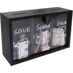 Wooden Give Save Spend Money Saving Box for Kids, Money Coin Savings Piggy Bank Jar Box for Kid Safe Money Saver, Teach Children About Giving Saving Giving Money Piggy Box for Boys Girls, Black
