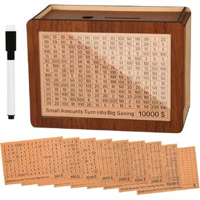 10000 Capacity Wooden Money Saving Challenge Box - Cash Vault Piggy Bank for Adults & Kids, Smashable Savings Goals Box for Boys Girls, Durable Savings Jar for Financial Planning & Budgeting (Wooden)