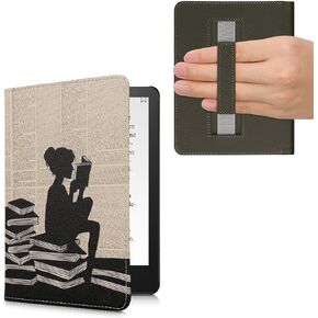 kwmobile Case Compatible with Amazon Kindle Paperwhite 11. Generation 2021 Case - PU Cover w/Strap - Girl and Books Black/Beige