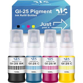 Weemay Compatible GI-25 Pigment Refill Bottle Ink GI-25BK Replacement for Canon 25 GI-25 GI25 Ink use with Canon MAXIFY MegaTank GX1020 GX2020 Printer (Black,Cyan,Magenta,Yellow,4-Pack,190ml)