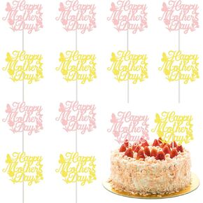 12 PCS Glitter Happy Mother's Cake Toppers ، 4.3 × 5.9 بوصات من الذهب الذهب والذهب اللامع ، اختيارات الأطعمة المألوفة ، زخارف حلويات كب كيك كبيرة لتوازم حفلة عيد الأم لعيد الأم.