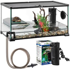 REPTIZOO Glass Turtle Tank Kit, 10 Gallon Starter Kit With Drainage System, Basking Platform and Quiet Aquarium Corner Internal Filter, 20" x 12" x 10" Aquatic Terrarium