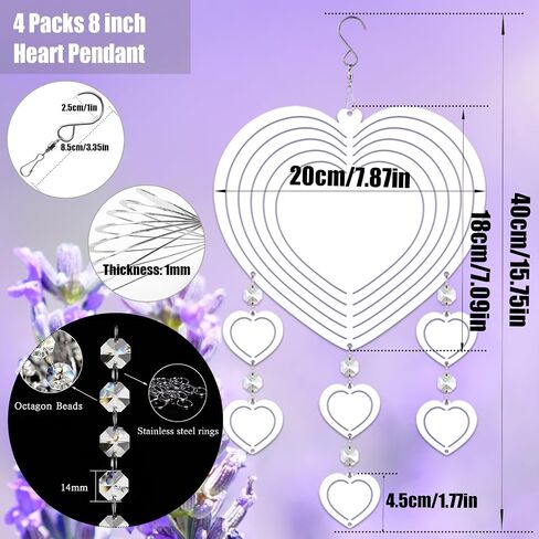 4Pack 8inch Sublimation Wind Spinner Blanks 3D Aluminum Metal Wind Sculpture Kinetic Spinners for Yard and Garden Indoor Art Ornaments Hanging Decoration (Heart Pendant) in Saudi Arabia