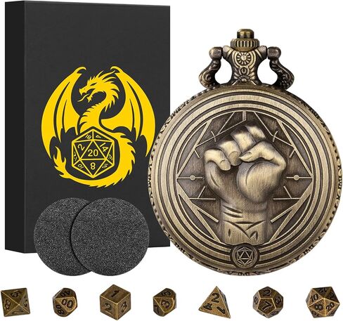 Mini DND Dice Set with Steampunk Monk (Fist) Pocket Watch Case, Tiny 7PCS Polyhedral Metal D&D Dice, DND Gifts with Gift Box, Role Playing Game Board Game Accessories Dice, Dark Silver in Saudi Arabia