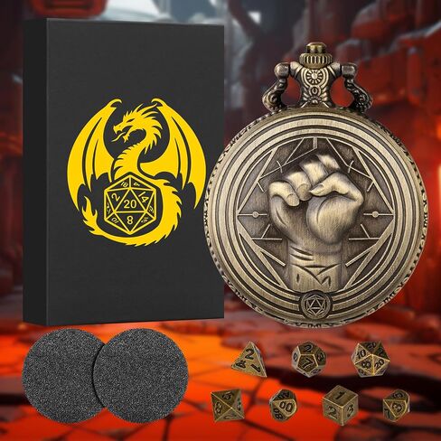 Mini DND Dice Set with Steampunk Monk (Fist) Pocket Watch Case, Tiny 7PCS Polyhedral Metal D&D Dice, DND Gifts with Gift Box, Role Playing Game Board Game Accessories Dice, Dark Silver in Saudi Arabia