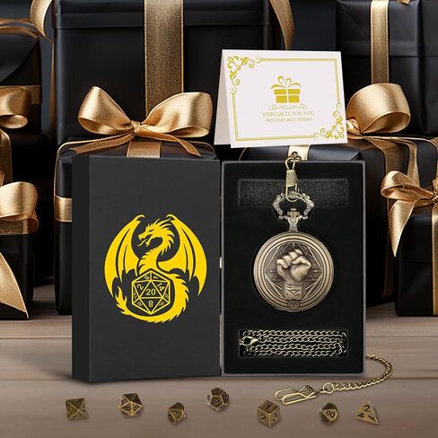 Mini DND Dice Set with Steampunk Monk (Fist) Pocket Watch Case, Tiny 7PCS Polyhedral Metal D&D Dice, DND Gifts with Gift Box, Role Playing Game Board Game Accessories Dice, Dark Silver in Saudi Arabia
