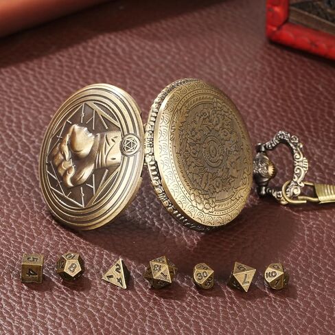 Mini DND Dice Set with Steampunk Monk (Fist) Pocket Watch Case, Tiny 7PCS Polyhedral Metal D&D Dice, DND Gifts with Gift Box, Role Playing Game Board Game Accessories Dice, Dark Silver in Saudi Arabia