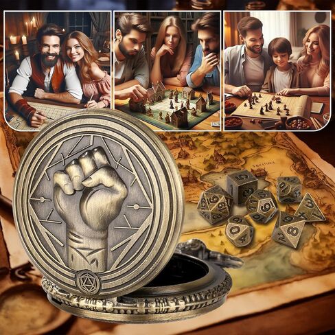 Mini DND Dice Set with Steampunk Monk (Fist) Pocket Watch Case, Tiny 7PCS Polyhedral Metal D&D Dice, DND Gifts with Gift Box, Role Playing Game Board Game Accessories Dice, Dark Silver in Saudi Arabia