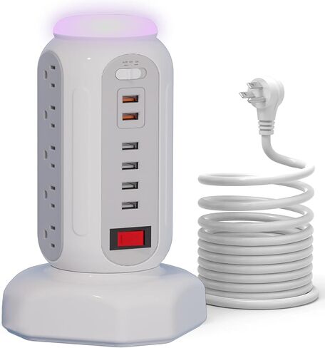 برج قطاع الطاقة الواقي من زيادة التيار مع برج شحن ضوء ليلي مع 15 تيار متردد 6 USB (2 USB C) سلك تمديد بطول 6.5 قدم CYAN BOX محطة شحن سطح المكتب لبرج الطاقة، ملحقات مكتب المنزل in Kuwait