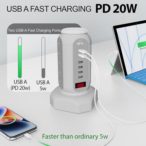 برج قطاع الطاقة الواقي من زيادة التيار مع برج شحن ضوء ليلي مع 15 تيار متردد 6 USB (2 USB C) سلك تمديد بطول 6.5 قدم CYAN BOX محطة شحن سطح المكتب لبرج الطاقة، ملحقات مكتب المنزل in Kuwait