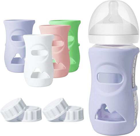 Joxodax 4 Pack Silicone Sleeves for Philips Avent Glass Bottle Food Grade Silicone Bottle Cover and 4pcs Travel Bottle Caps, Bottle Lids Replacement(for 8 oz Philips Avent Natural Glass) in Kuwait