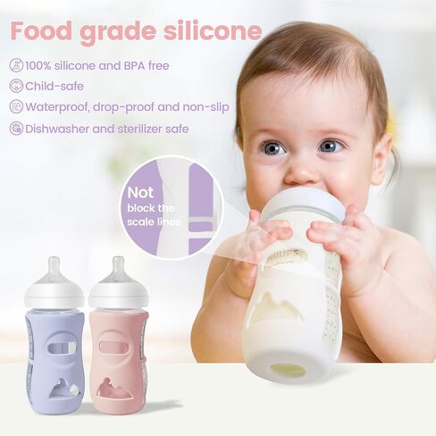 Joxodax 4 Pack Silicone Sleeves for Philips Avent Glass Bottle Food Grade Silicone Bottle Cover and 4pcs Travel Bottle Caps, Bottle Lids Replacement(for 8 oz Philips Avent Natural Glass) in Kuwait