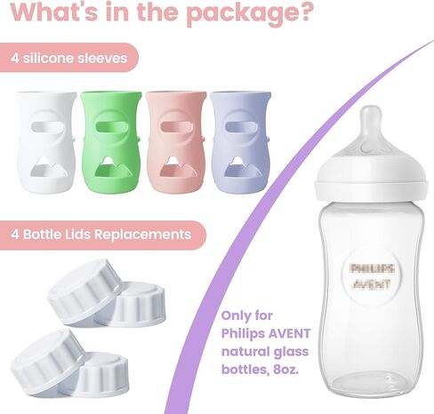 Joxodax 4 Pack Silicone Sleeves for Philips Avent Glass Bottle Food Grade Silicone Bottle Cover and 4pcs Travel Bottle Caps, Bottle Lids Replacement(for 8 oz Philips Avent Natural Glass) in Kuwait
