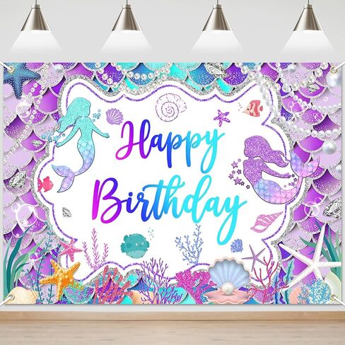 Mermaid Birthday Backdrop Glitter Purple Mermaid Banner Happy Birthday Party Decorations for Girls Mermaid Photo Background in Saudi Arabia