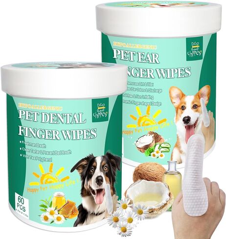 Pet Finger Wipes for Ear and Teeth - 120 Count Cleaner Finger Wipes For Dog and Cat, Dental Ear Care Wipes, Hypoallergenic Dog Wipes to Remove Plaque Tartar, Relieve Ear Itching and Inflammation in Saudi Arabia