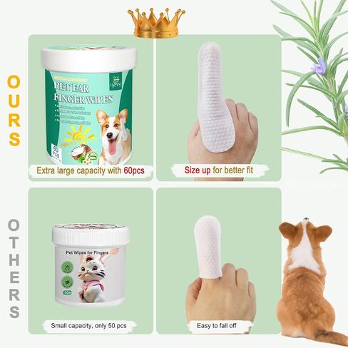 Pet Finger Wipes for Ear and Teeth - 120 Count Cleaner Finger Wipes For Dog and Cat, Dental Ear Care Wipes, Hypoallergenic Dog Wipes to Remove Plaque Tartar, Relieve Ear Itching and Inflammation in Saudi Arabia
