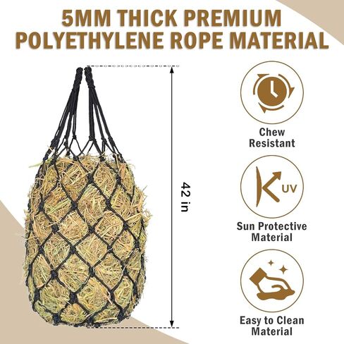 Slow Feed Hay Net for Horses, 42" Length with 2" Holes Hay Nets, Chew-Resistant Polyethylene Fiber Material in Saudi Arabia