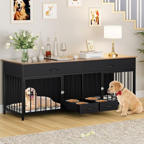 Yitahome Double Dog Crate Furniter مع وحدة تغذية الكلاب ، 74.8 بوصة أثاث بيت الكلب الخشبي مع درجتين كبيرتين ، بيت الكلب على طراز الأثاث الداخلي للكلاب الكبيرة المتوسطة ، الأسود in Saudi Arabia