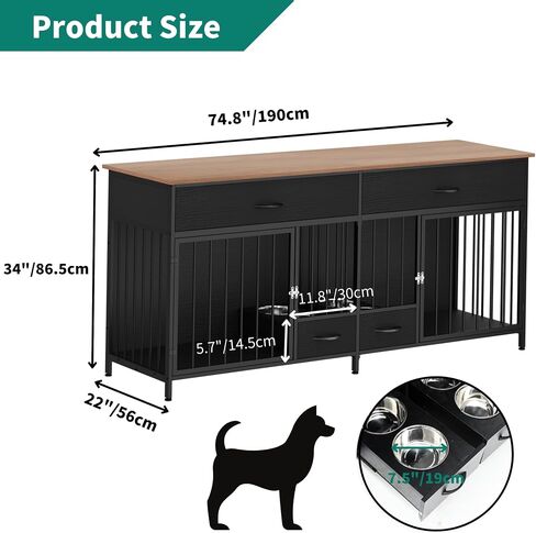 Yitahome Double Dog Crate Furniter مع وحدة تغذية الكلاب ، 74.8 بوصة أثاث بيت الكلب الخشبي مع درجتين كبيرتين ، بيت الكلب على طراز الأثاث الداخلي للكلاب الكبيرة المتوسطة ، الأسود in Saudi Arabia