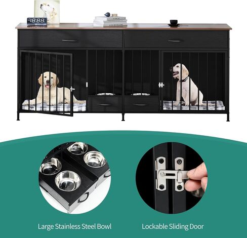 Yitahome Double Dog Crate Furniter مع وحدة تغذية الكلاب ، 74.8 بوصة أثاث بيت الكلب الخشبي مع درجتين كبيرتين ، بيت الكلب على طراز الأثاث الداخلي للكلاب الكبيرة المتوسطة ، الأسود in Saudi Arabia