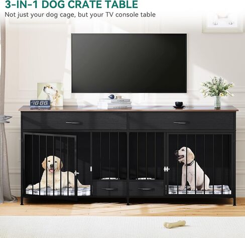 Yitahome Double Dog Crate Furniter مع وحدة تغذية الكلاب ، 74.8 بوصة أثاث بيت الكلب الخشبي مع درجتين كبيرتين ، بيت الكلب على طراز الأثاث الداخلي للكلاب الكبيرة المتوسطة ، الأسود in Saudi Arabia